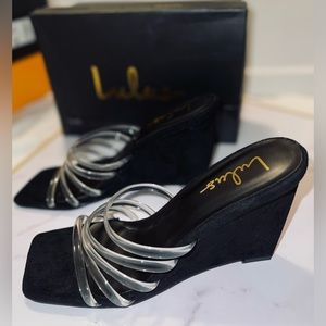 Black Suede Wedge Heels With Clear Straps